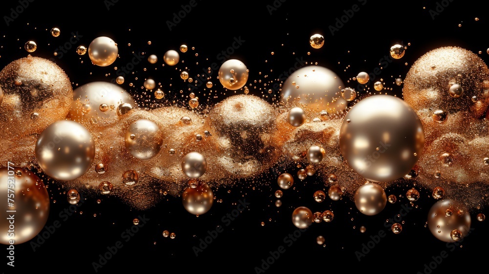 a group of bubbles floating on top of a black surface with gold and white bubbles in the middle of the image. a group of bubbles floating on top of a black surface with gold and white bubbles in the middle of the image.