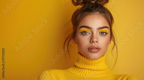 Beautiful fashion model woman with blue eyes and yellow bold makeup. Fashion portrait isolated on yellow background, copy space for text, cards, banners, posters