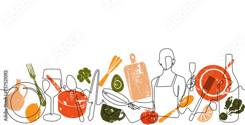 Double background with linear pattern and colorful illustration on Culinary theme. Chef with kitchen utensils and healthy food. Cooking meal vector poster.
