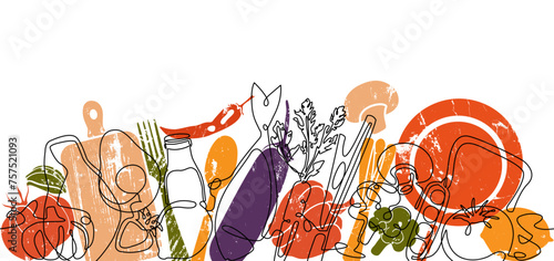 Double background of line art and colorful hand drawn food and utensils. Vector illustration.