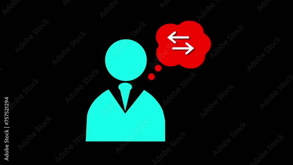 Icon concept with man icon. Person with a speech bubble containing left right arrows icon animated on a black background. Icon concept with man icon. Person with a speech bubble containing left right arrows icon animated on a black background.