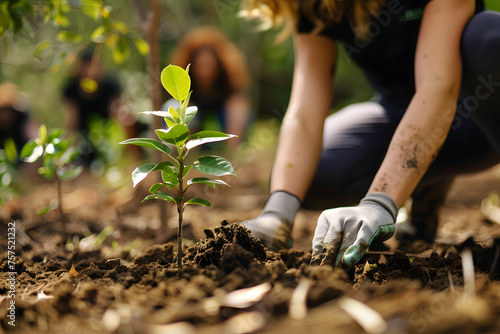 a reforestation project where volunteers plant trees in deforested areas, restoring habitats and sequestering carbon to mitigate climate change