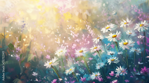Painted daisies and wildflowers on sunny day light bokeh background 
