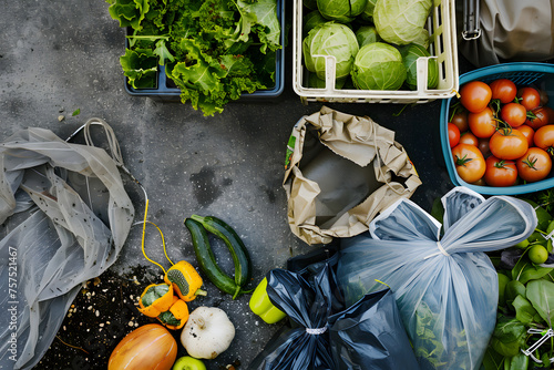 a zero-waste lifestyle with reusable bags, containers, and composting bins, encouraging individuals to minimize their environmental footprint and embrace sustainability photo