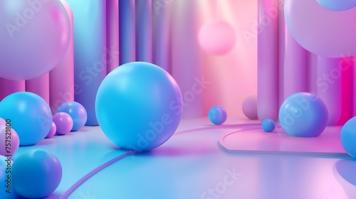 3D rendering. Pink and blue pastel colors. Futuristic background with balls. Abstract minimal scene. © stocker