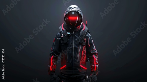 Futuristic warrior ready to fight in the dark. He is wearing a black and red suit and a helmet with a red visor. He is armed with a gun.