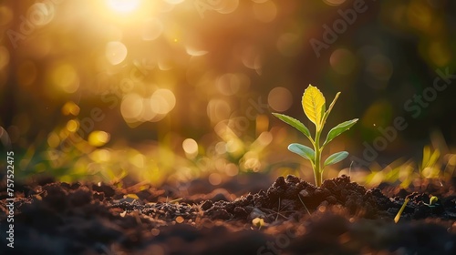 Small green sprout growing out of the soil towards the sunlight.