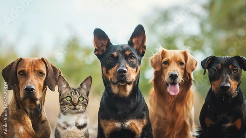 A group of five dogs and a cat are sitting in a row and looking at the camera. The animals are all different breeds and colors. © stocker