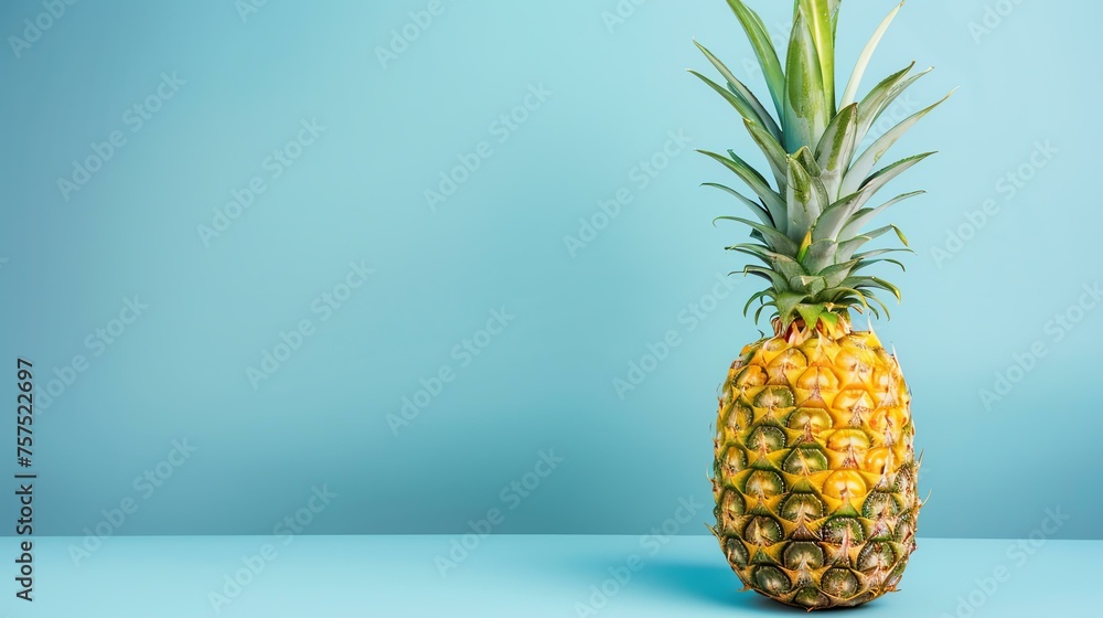 A large, ripe pineapple sits on a blue table against a blue background.