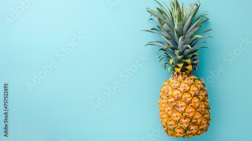A large, ripe pineapple isolated on a blue background. The pineapple has a vibrant yellow color and green leaves.