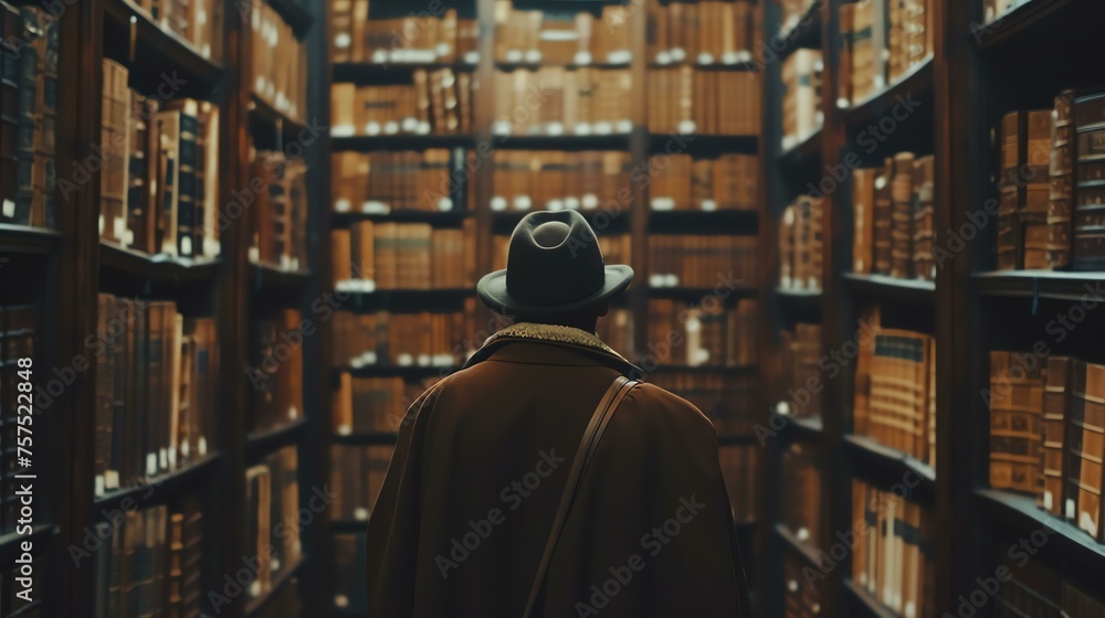 A man wearing a hat and coat stands in a library, looking at the shelves of books.
