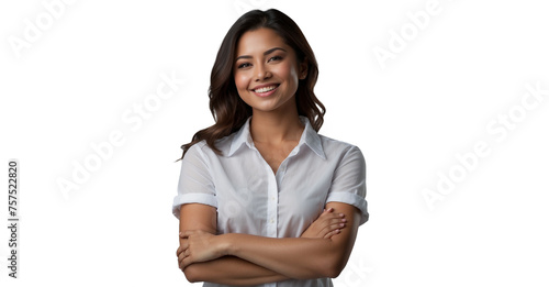 Confident and attractive young woman with folded arms, wearing a bright smile, showcased against a transparentwhite backdrop photo