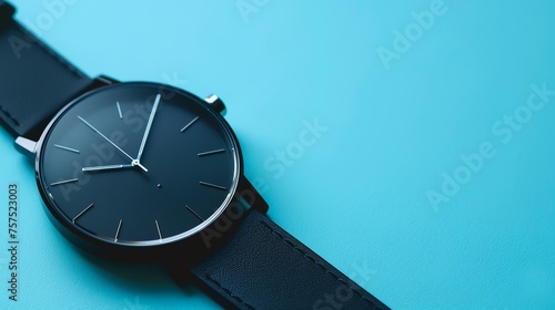 Black wristwatch with a black leather strap on a blue background.