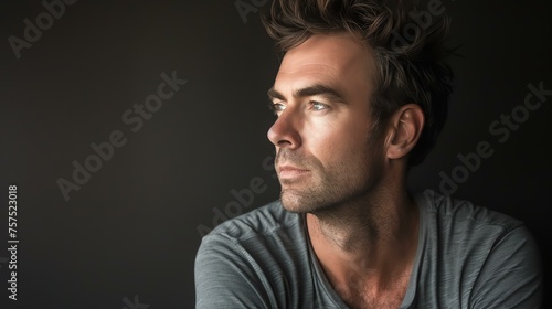 Thoughtful man looking off into the distance with a pensive expression on his face. photo