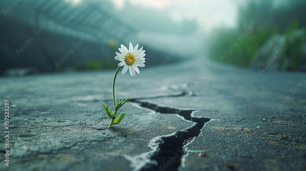 prevailing against all odds concept with Daisy flower growing from crack in the asphalt - obrazy, fototapety, plakaty 