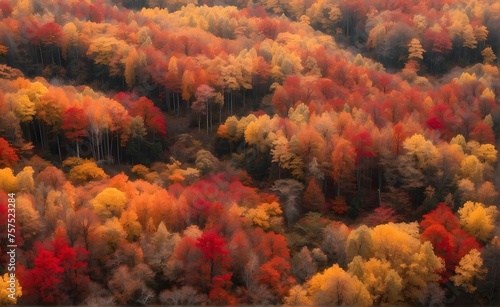 Aerial view of a forest in autumn  abstracted into splashes of red  orange  and gold against dark earth  generative AI