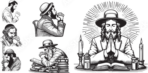 praying jews black and white vector set