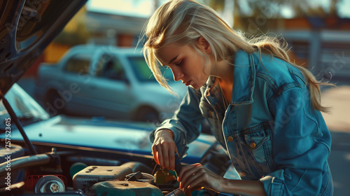Young woman inspects car engine seriously. Fixing her own car. photo