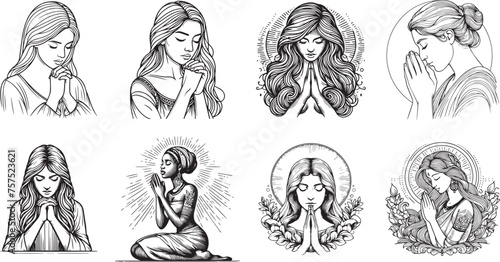 praying womens hand draw vector set