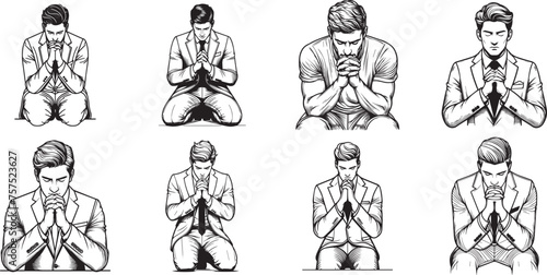 praying men hand drawing set