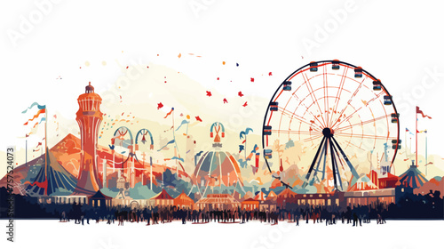 Flat vector scene A bustling amusement park with ro photo