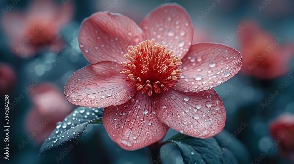 a close up of a pink flower with drops of water on it and a green leaf in the foreground. a close up of a pink flower with drops of water on it and a green leaf in the foreground.