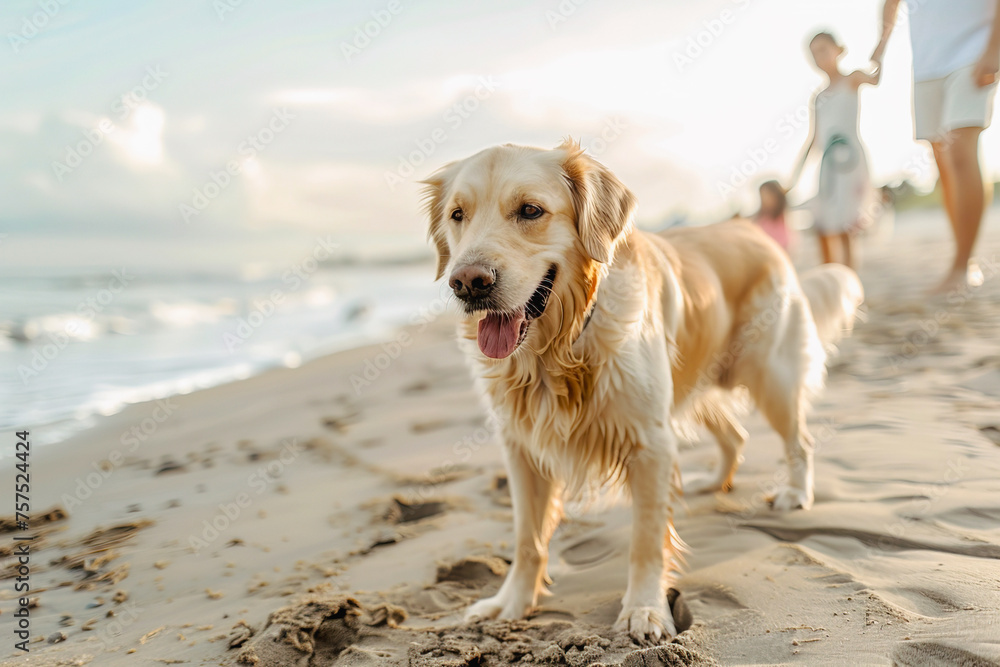 Golden Retriever dog playing in the beach with its humans. Dog Day concept Golden Retriever dog playing in the beach with its humans. Dog Day concept