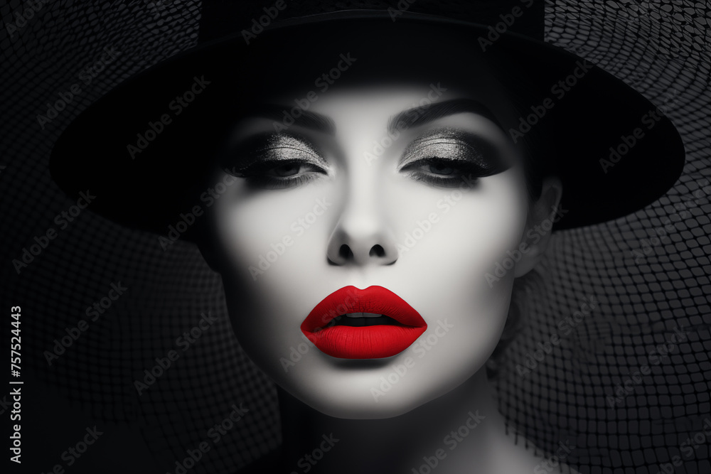 mystic lady with red lips, black and white photography mystic lady with red lips, black and white photography