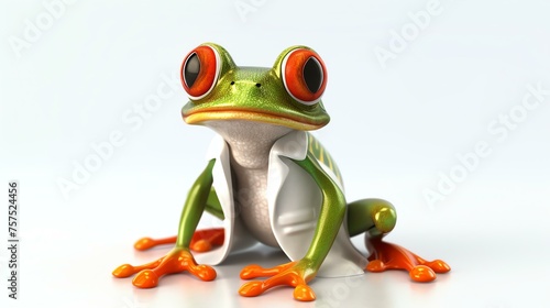A cute and funny frog wearing a lab coat is sitting on a white background. The frog has big red eyes and a friendly smile. © stocker