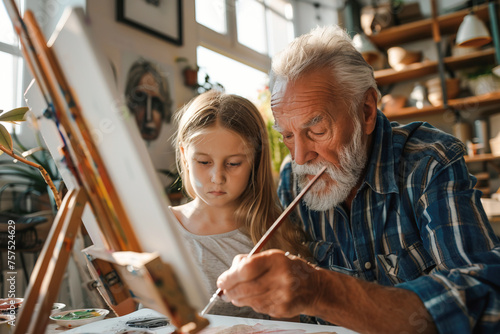 Grandfather and granddaughter painting together at a bright and airy studio. Grandparent's Day concept. Bonding relationship in family. Grandparent's Day concept
