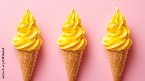 Three ice cream cones in a row on a pink background. The ice cream is a soft serve and is yellow in color. photo