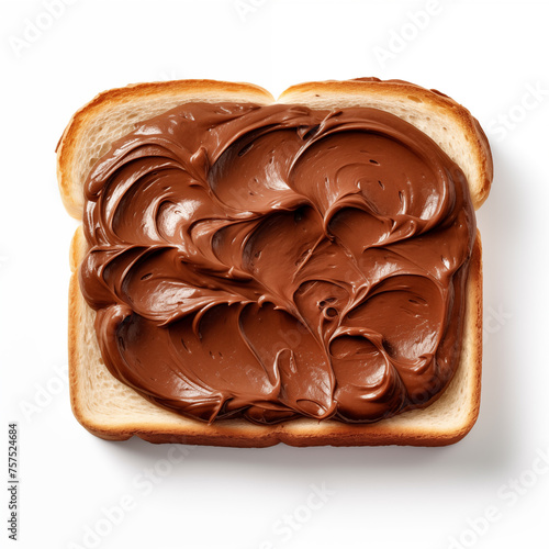 Aerial view, view from above of Chocolate Spread on a single slice of Toast. nutella with bread. Isolated on a white background