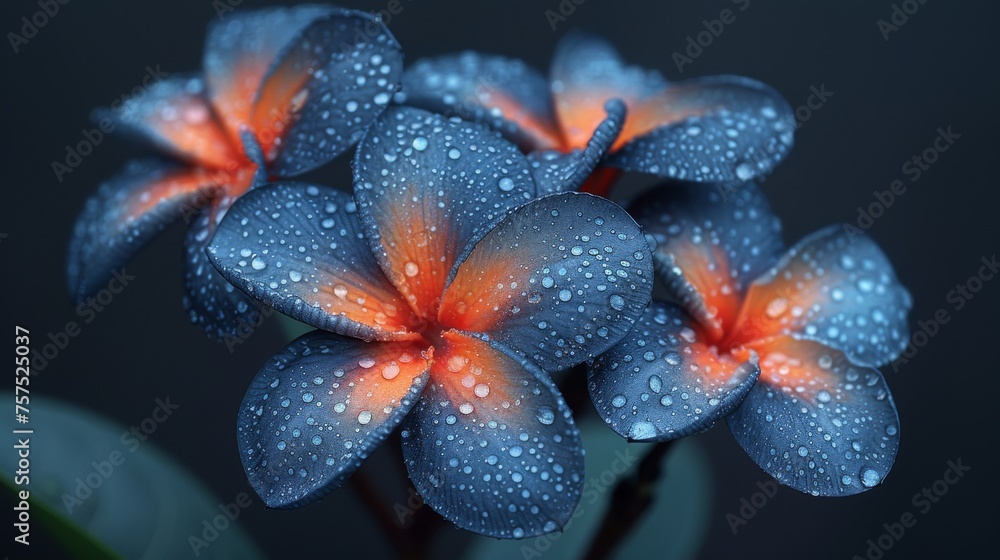 a close up of a blue flower with water droplets on it's petals and a green leaf in the foreground. a close up of a blue flower with water droplets on it's petals and a green leaf in the foreground.