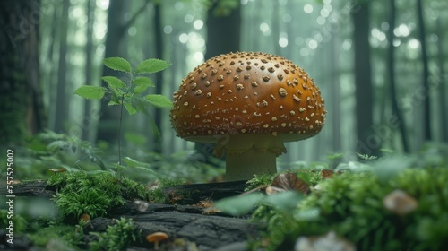 a mushroom sitting in the middle of a forest filled with lots of green plants and plants growing on top of it.