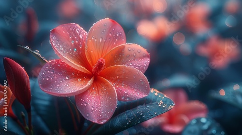 a close up of a pink flower with drops of water on it and a blurry background of red flowers.
