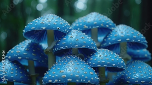 a group of blue mushrooms sitting on top of a lush green forest filled with lots of blue mushrooms covered in tiny white dots. photo