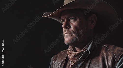 A rugged cowboy with a weathered face and a determined expression stares off into the distance.
