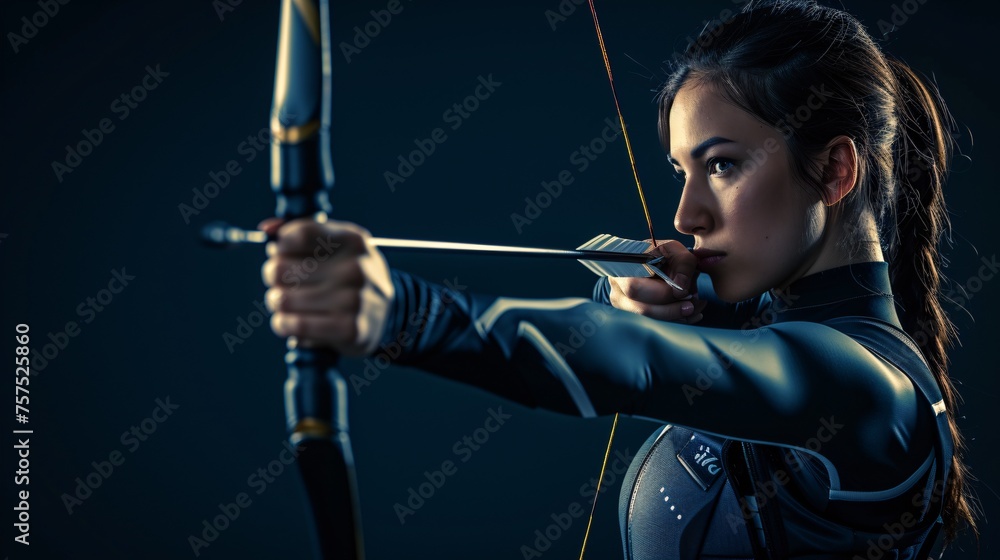 A young woman in a black suit with her bow and arrow drawn, ready to fire. She is standing in a dark room with a spotlight on her.