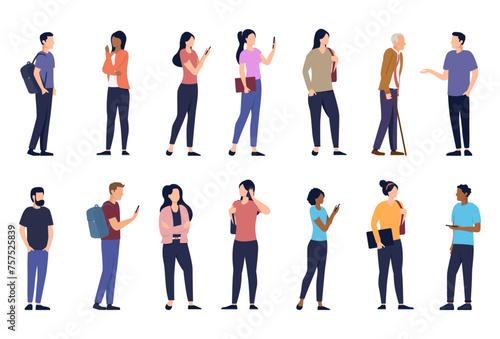 Vector people characters collection - Set of urban men and women standing using phones, talking and acting casual. Flat design on white background