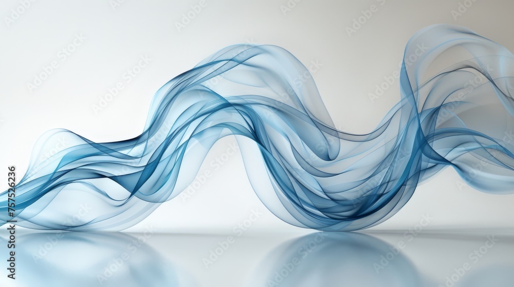 a blue wave of smoke on a white surface with a reflection of the water on the floor in front of it. a blue wave of smoke on a white surface with a reflection of the water on the floor in front of it.