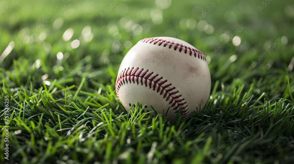 A close-up image of a baseball resting on a lush green field. The ball is made of leather with red stitching and has a slightly worn appearance. - obrazy, fototapety, plakaty 
