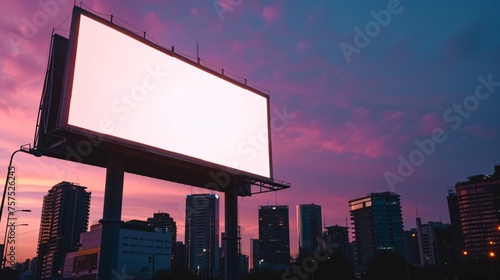 A large blank billboard at dusk in the middle of a large city with a beautiful sky.