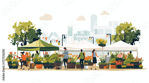 Flat vector scene A bustling farmers market with st