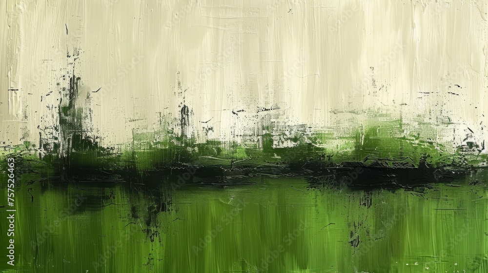 an abstract painting of green and white with a black line on the left side of the painting and a white line on the right side of the other side of the painting.