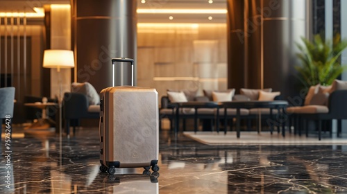 Elegant traveler's suitcase in a modern hotel lobby. The suitcase is made of brushed metal and has a telescopic handle. photo