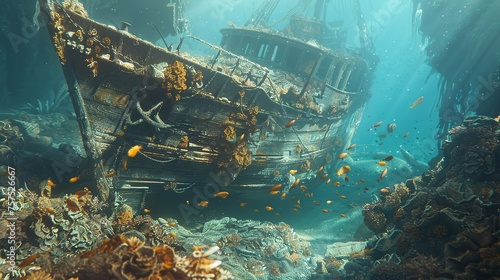 Underwater shipwreck with fish photo