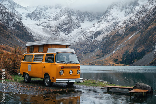 Vintage camper van by a mountain lake in autumn. Generative AI image photo