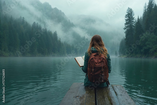 Solitary reading session by a misty mountain lake. Generative AI image photo