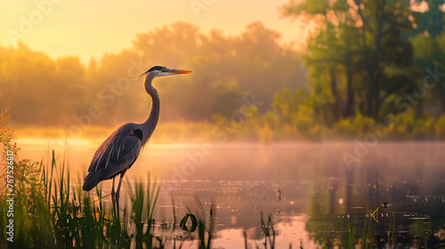 A heron standing in a Serene wetland marsh © Affia