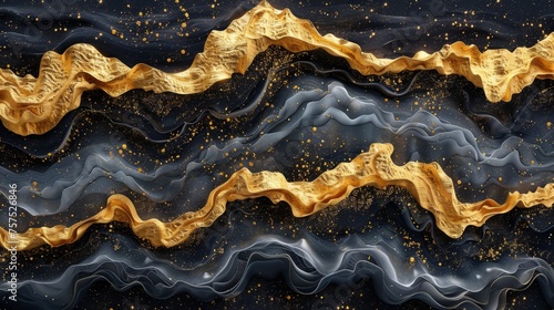 a close up of a painting with gold and blue waves on a black background with gold sprinkles.